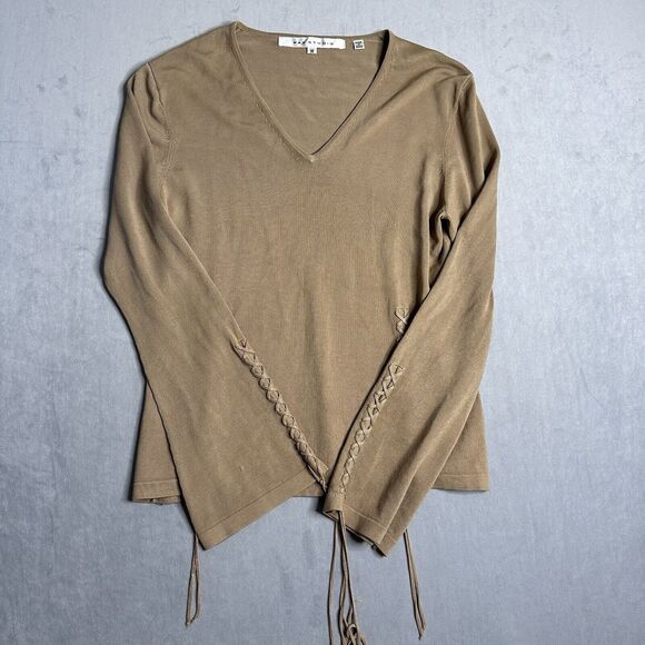 Max Studio Top Womens M‎ Ruche Sleeve Knit Wheat Bell Sleeve Boho Flare Nylon - Picture 1 of 9